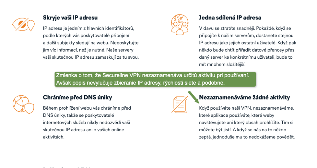 Zmienka o nezaznamenávaní aktivity na webstránkach Avast Secureline VPN